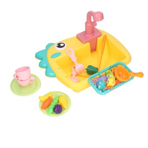 Jouer à la cuisine Sink Jouets, Jeu de pêche Lave-vaisselle Jouets Jouer Set Pretend 2 en 1 Dinosaure de forme eau courante pour la maison pour enfants jaune