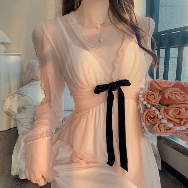 Camisones de seda satinada con tirantes finos para mujer, ropa de dormir de encaje, vestido dulce con lazo, lencería Sexy, camisón de malla para el hogar