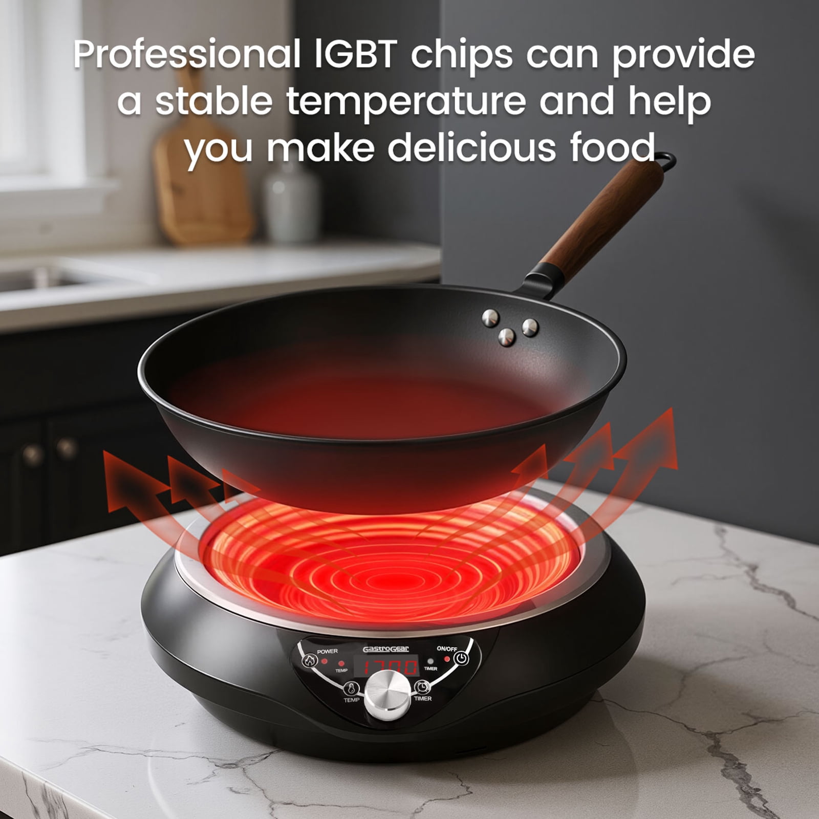 GastroGear 1700W 100V～185V Induction Cooktop Concave Curved Surface 2026 New Electric Stove Wok Burner 16 Watts 200~1700W Real Precise Power/Temp Ctrl Countertop Commercial Cooker Hot Plate Pot Count