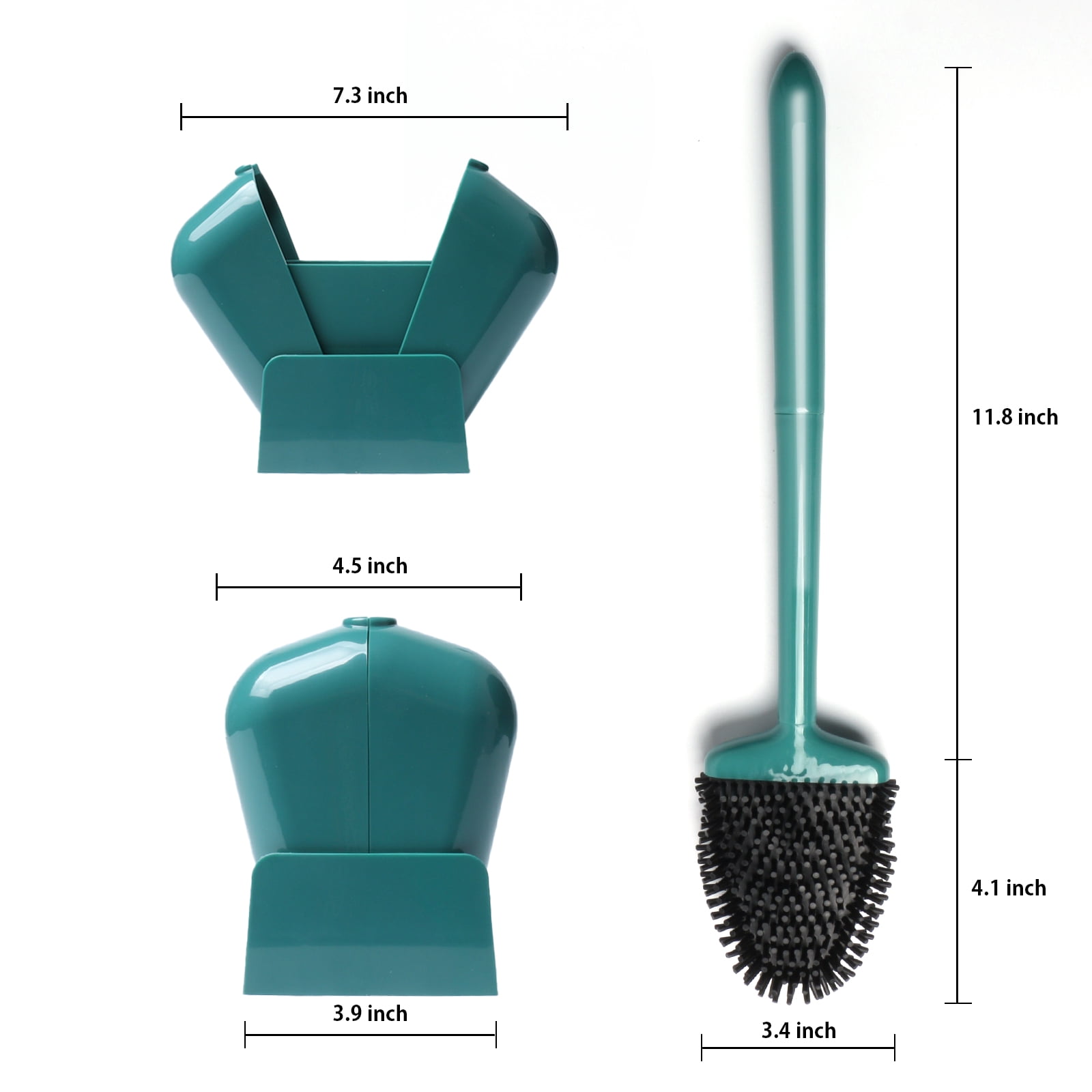 Bathroom Toilet Brush and Holder Set, Toilet Bowl Cleaner Bendable Tongue-shaped Silicone Brush Head Anti Splash Bristles, Self Closing Quick Drying Holder in Dark Green