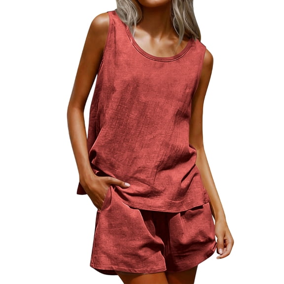 Linen Sets for Women 2 Piece Fashion Summer Outfits Round Neck Sleeveless Blouse Loose Pockets Pants Sets