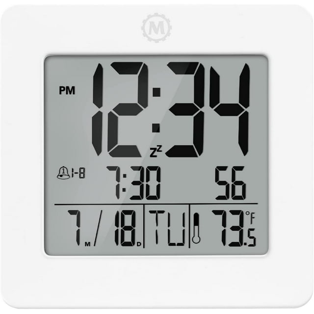 MARATHON CL030050WH Réveil Numérique Double avec Jour, Date, Température et Rétroéclairage. Couleur-Blanc. ies Inclus