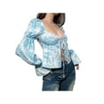 thumbnail image 4 of Seyurigaoka Women Summer Short Ruffles Slim Navel Shirt, Long Lantern Sleeve Print Low-Cut Tie-Up High Split Crop Tops, 4 of 9
