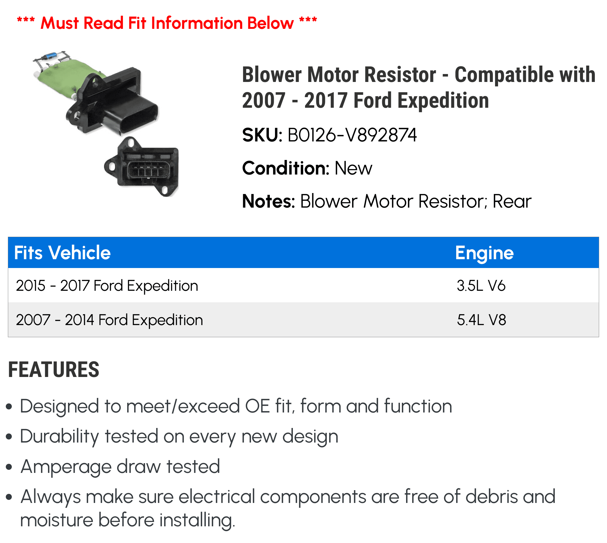 Blower Motor Resistor - Compatible with 2007 - 2017 Ford Expedition 2008 2009 2010 2011 2012 2013 2014 2015 2016
