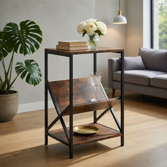 Topcobe 3-Tier Industrial Side Table with V-shaped Bookshelf for Living Room, Small End Table Sofa Table for Living Room Bedroom, Rustic Brown