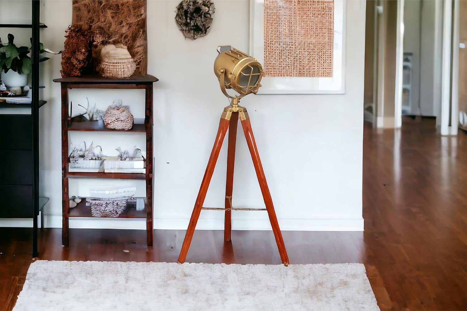Antique Brass Nautical Searchlight Floor Lamp with Wooden Tripod Stand – Adjustable Height Metal Spotlight for Living Room, Bedroom, Office & Home Décor