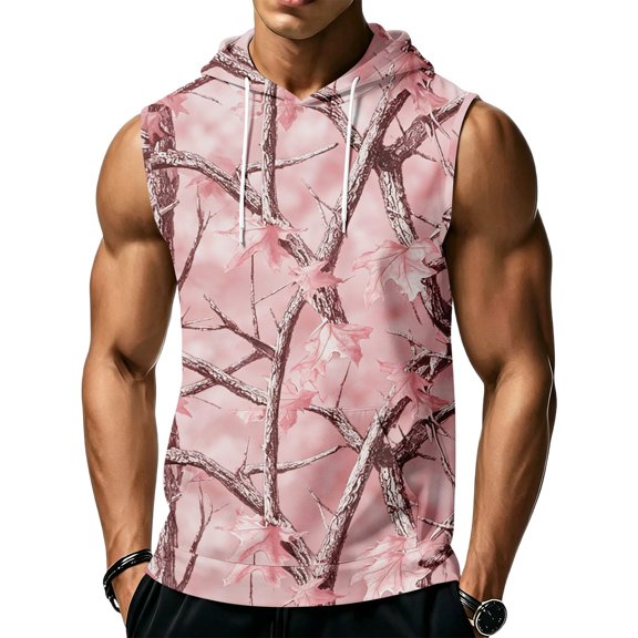 Havenx Workout Hooded Tank Tops for Men Sleeveless Drawstring Hoodie with Pockets Camouflage Print T-Shirts Bodybuilding Athletic Muscle Sports Training Activewear,Pink 2XL