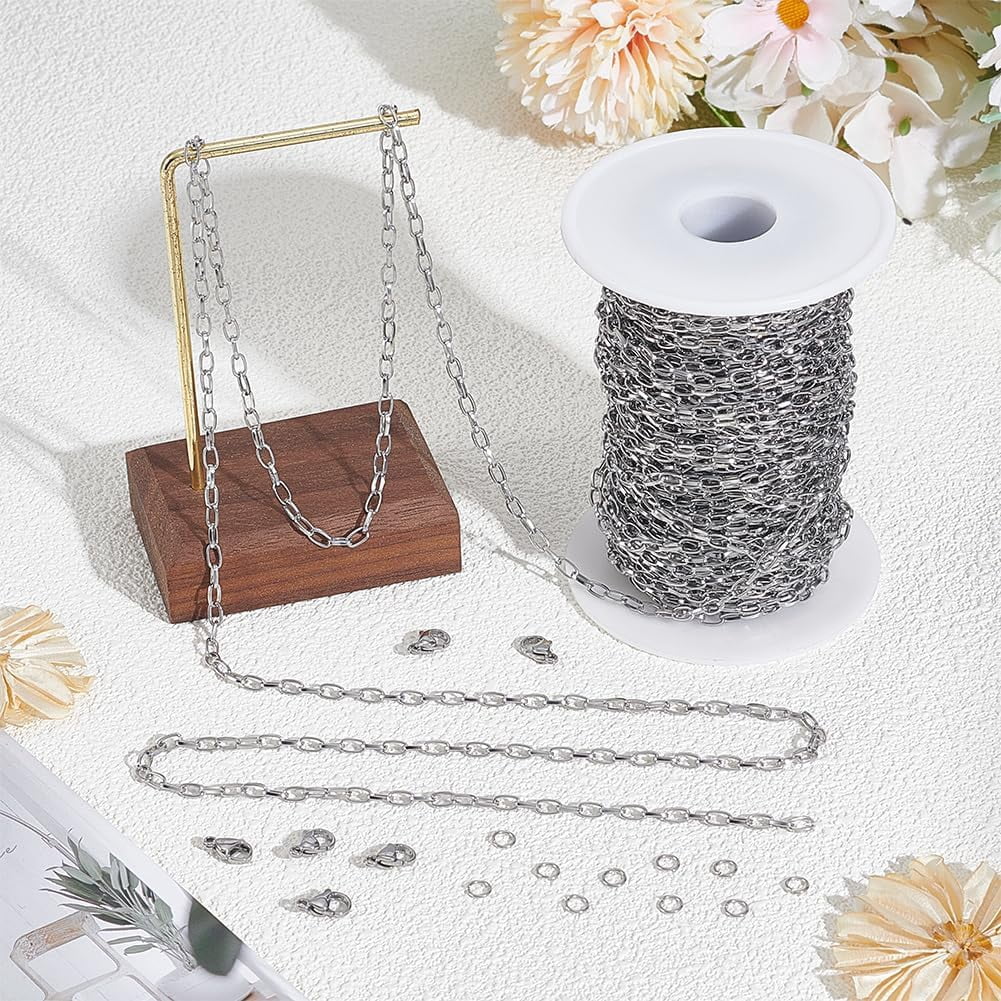 82 Feet 25m/roll 304 Stainless Steel Chains for Jewelry Making Silver Paperclip Chains Kits with 10Pcs Lobster Clasps and 30Pcs Jump Rings for DIY Bracelets Crafts grey