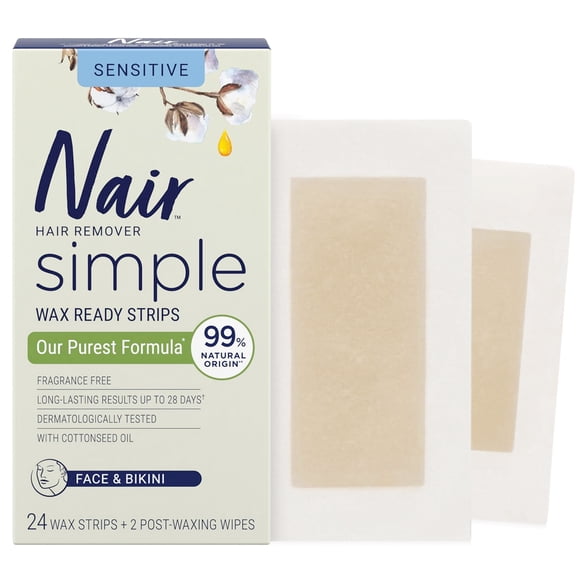 Nair Simple Wax Strips for Face and Bikini with Cotton Seed Oil for Sensitive Skin, Dermatologically Tested, 40 Strips+4 Post Waxing Wipes