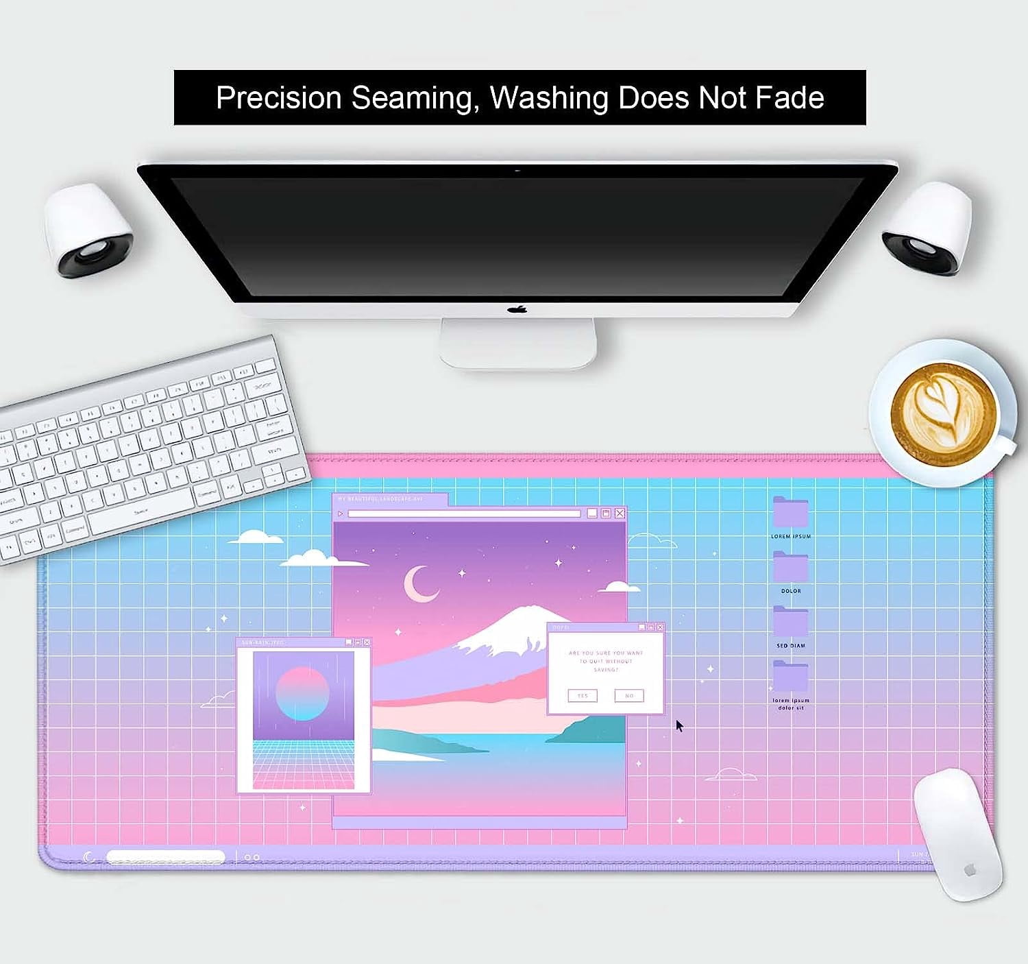 Kawaii Pink Retro Vaporwave Japanese Mount Fuji Moon Night Desk Mat, Cute Anime Grid Large Gaming Mouse Pad XL, Gift for Gamer Girls, Full Desk Mousepad Keyboard Mat - 35.4 x 15.7 Inch