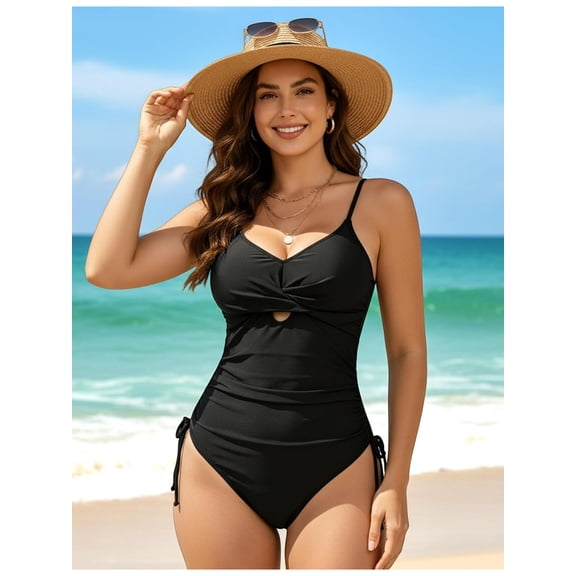 Women's One Piece Swimsuit, Cross V-Neck Tummy Control Bathing Suit, Cut Out Push Up Swimwear with Adjustable Straps, High Waist Full Coverage UPF 30