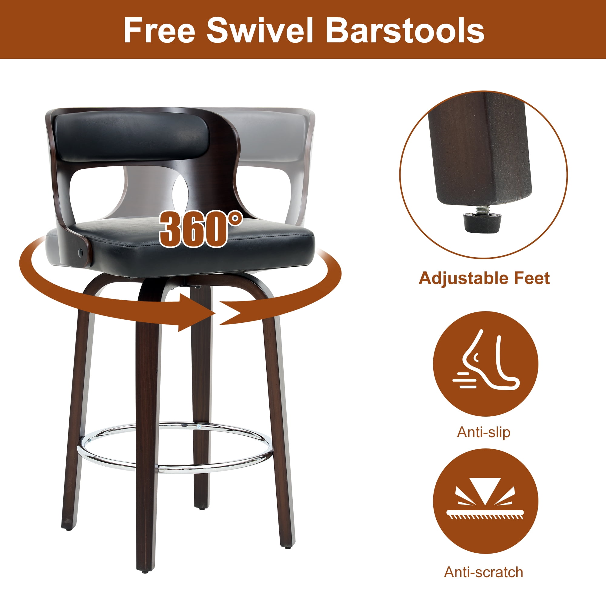 FANCROU 26 inch Swivel Counter Height Bar Stools Set Of 4, PU Leather Seat With Bentwood Back And Legs, Black