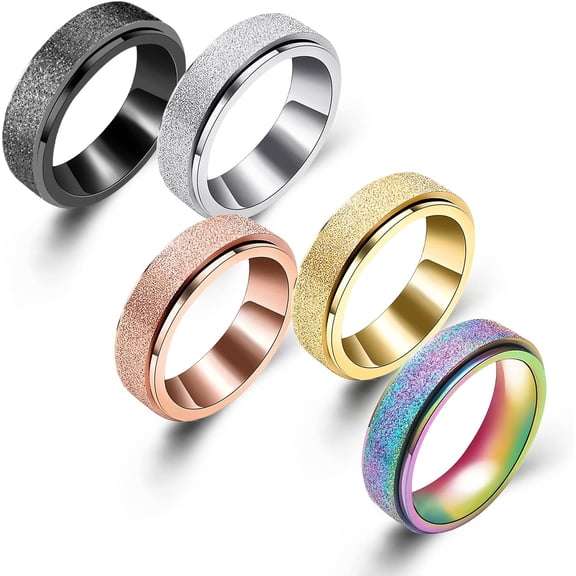 5pcs Titanium Stainless Steel 6MM Anxiety Spinner Band Ring Set Matte Sand Blasted Glitter Finished Rainbow Relief Lucky Worry for Women Men Fidget Jewelry-6