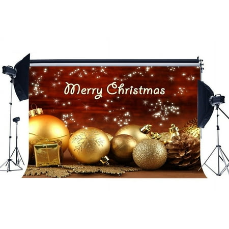 Image of ABPHOTO Polyester 7x5ft Photography Backdrop Merry Christmas Gifts Golden Balls Snowflakes Pine Nuts Shining Stars Xmas Backdrops Seamless Kids Girl Adults Happy New Year Background Photo Studio Props