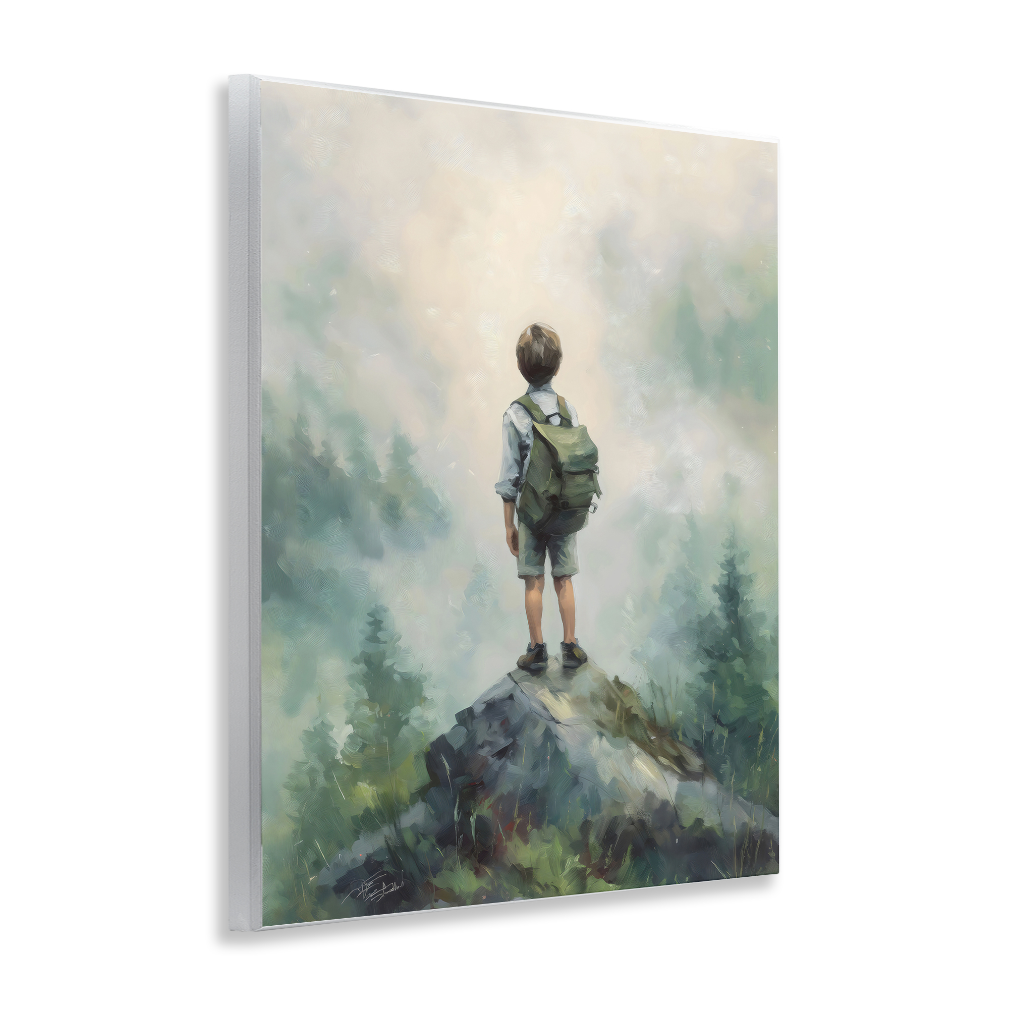 Boy Adventurer Atop Mountain Wall Plaque Art, design by Arlington Prints