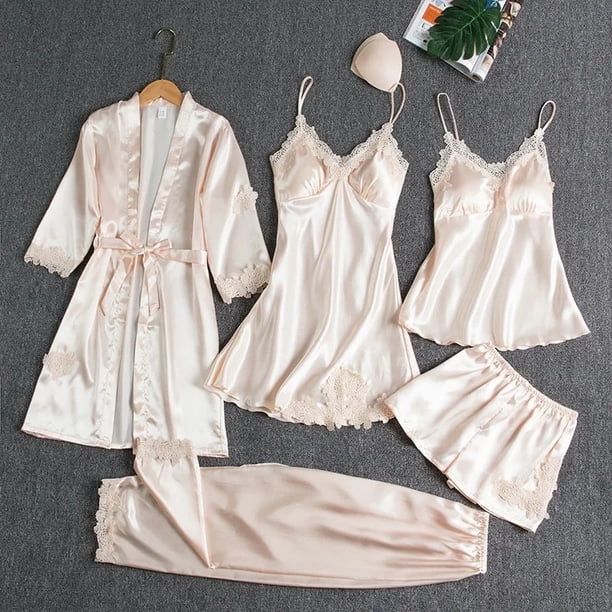 Conjunto de ropa de casa fina de manga larga de seda helada para mujer, ropa de dormir Sexy con cuello en V, bata de baño de talla grande incluida, conjunto de cinco piezas