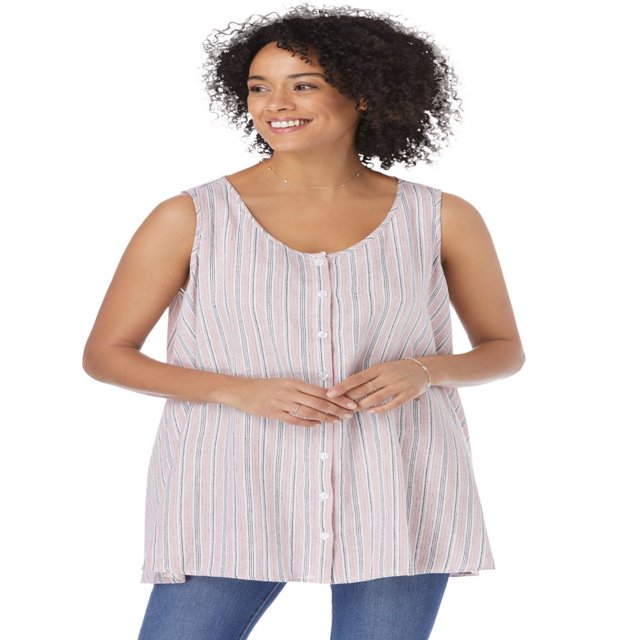 CHOK Women‘s Plus Size Button-Front Linen Tank - 22/24 Natural Khaki Stripe