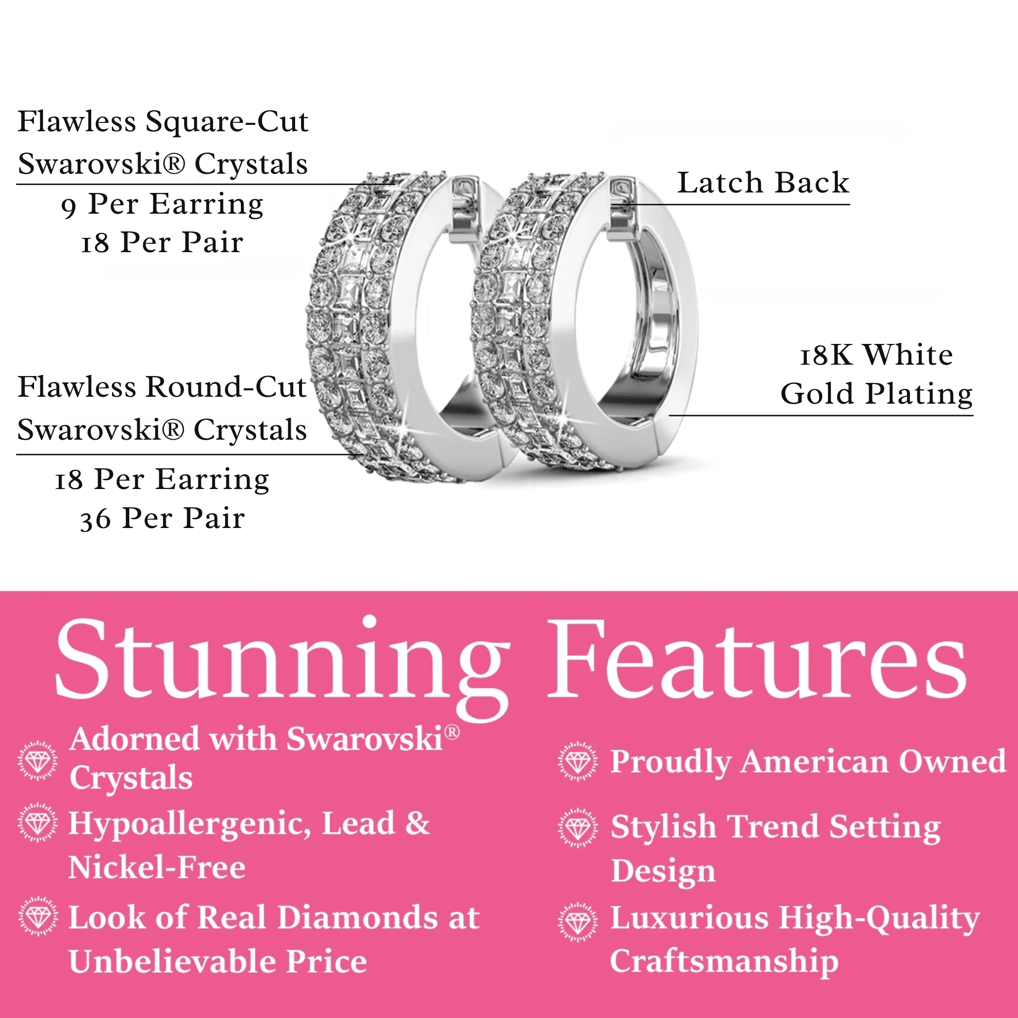 Cate & Chloe Wrenley 18k White Gold Plated 16mm Hoop Earrings with Swarovski Crystals for Women
