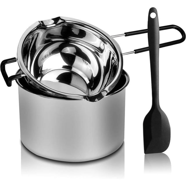 Juego de ollas de doble caldera, olla de acero inoxidable con espátula de silicona para derretir chocolate, hacer velas (600 ml y 1600 ml)