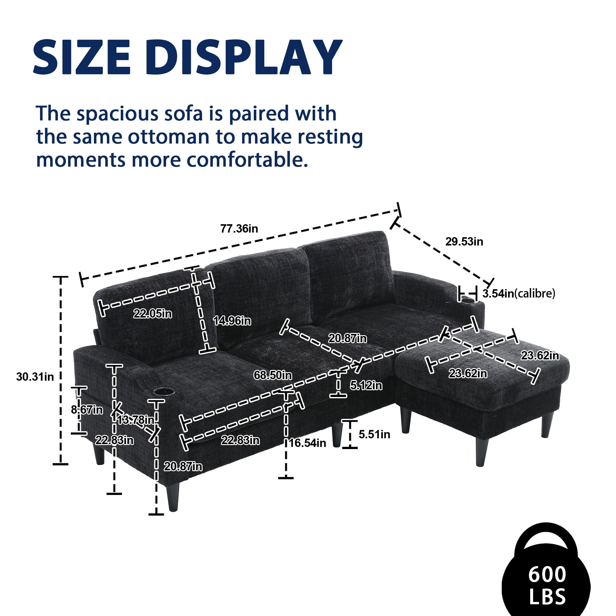 MOONMISS Chenille Upholstered L-Shaped Living Room Sofa with Storage Ottoman-Black
