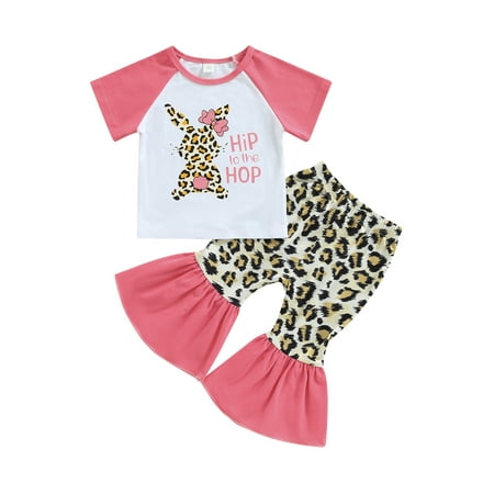 

Vigorbear Toddler Girl 2Pcs Easter Outfits 1-5Years Short Sleeve Leopard Bunny Print Tops Flare Pants Holiday Casual Clothes Sets