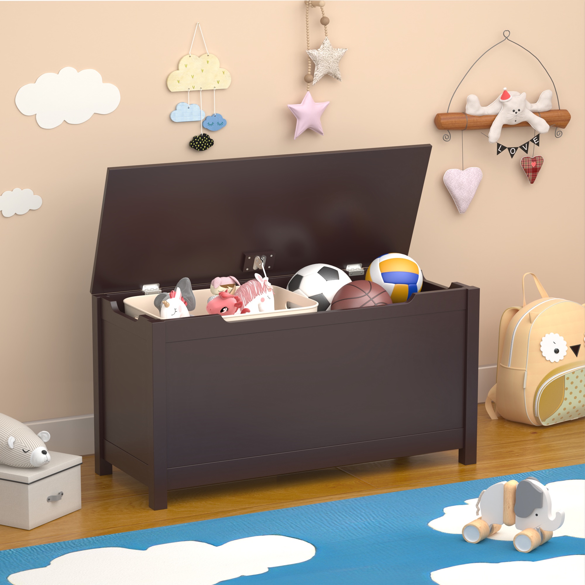 Wooden Toy Box Storage with Safety Hinges, SHINPT White Toy Box with Lid, Kids Toy Chest for bedroom, kids room, livingroom, Stylish Storage Organizer for boys and girls, Kids Toy Storage