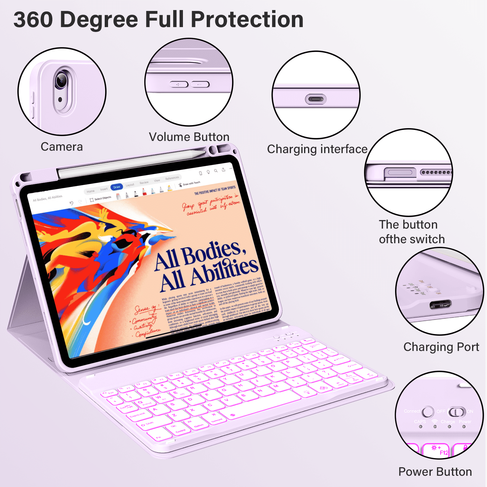 Kenke Keyboard Case for iPad Air 11-inch M3/M2 (2025/2024), iPad Air 5th/4th Generation (2022/2020) - with Pencil Holder,7 Colors Backlit Keyboard,Wireless Detachable Keyboard Cover,(Purple)