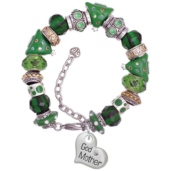 Silvertone Large ''Godmother'' Heart with Clear Crystal Green Christmas Bead Bracelet