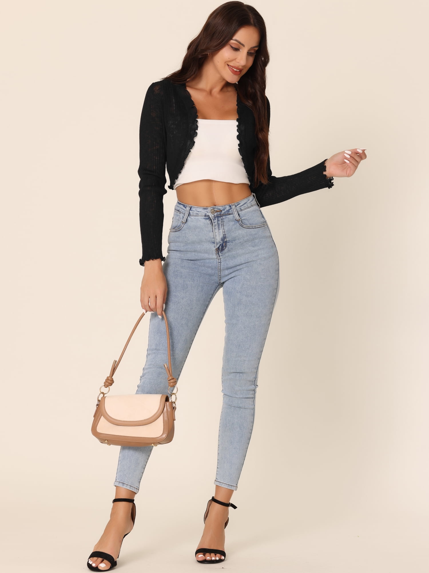Unique Bargains Women Ribbed Knit Bolero Long Sleeve Ruffle Trim Open Front Shrug XL Black