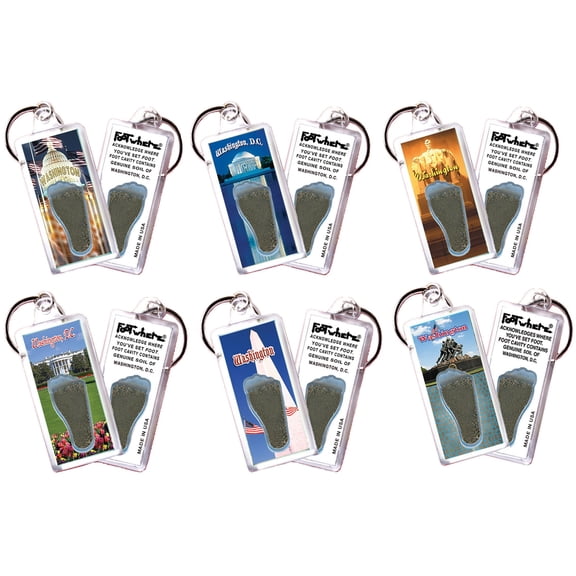 Washington DC FootWhere Souvenir Keychains. (DC100 - Assorted) 6 Piece Set.