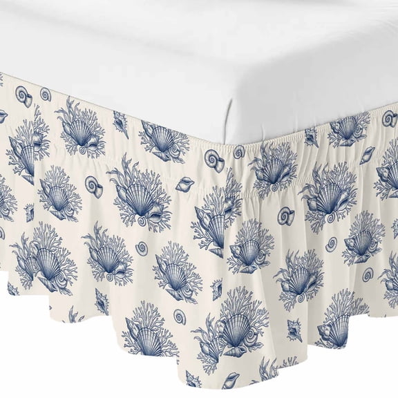 Queen Bed Skirt 16 Inch Drop, Watercolor Blue Conch Shell Coral Easy Fit Wrap Around Ruffle Bedding, Vintage Ocean Bed Skirts with Adjustable Elastic Belt