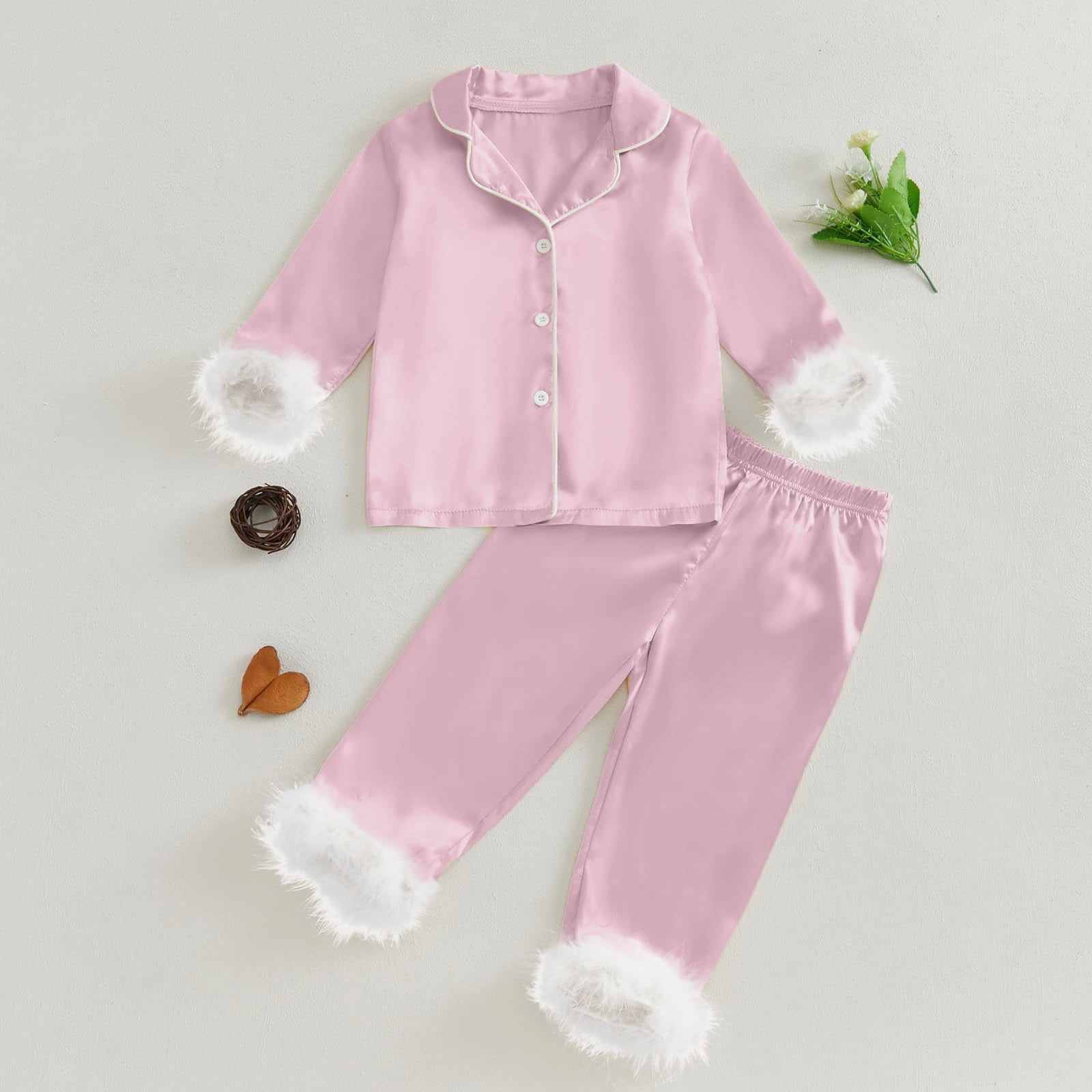 newwalpole Kids Toddler Girl Satin Pajamas Fuzzy Trim Long Sleeve Button Down Shirt Top and Pants 2pcs Pjs Sets Sleepwear Pink for Size 5-6 Years
