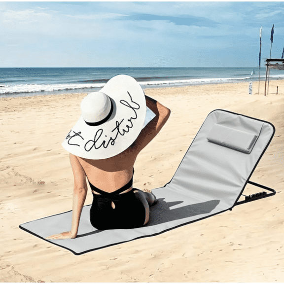 SHUmandala Foldable Beach Lounge Chair with Pillow, Adjustable Backrest Portable Beach Mat Recliner, Lightweight Waterproof Sun Tanning Lounger for Outdoor Sand Pool Picnic Travel