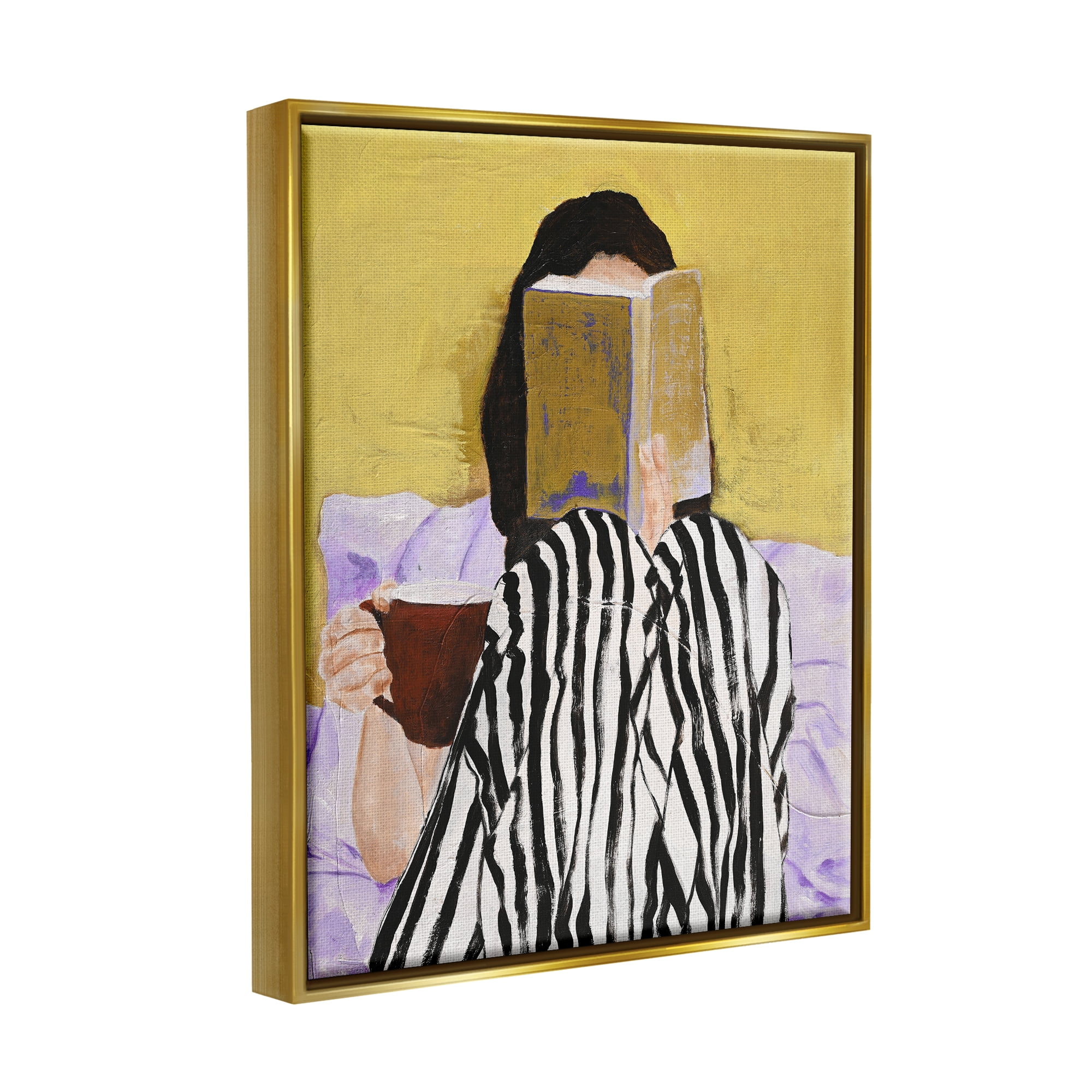 Stupell Industries Girl Reading in Bed Literature & Flim Painting Gold Floater Framed Canvas Art Print Wall Art, 17 x 21