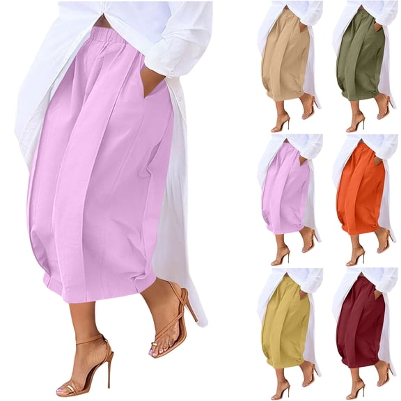 Admvng Womens Balloon Cropped Pants Elastic Waist Loose Fit Casual Culottes with Pockets