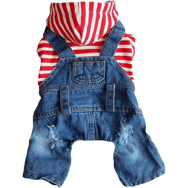 Sudadera con capucha para perros y gatos de FloreceBien, ropa, trajes de mezclilla con rayas rojas, pantalones vaqueros azules, monos, chaquetas de una pieza, disfraces, ropa, abrigos con capucha