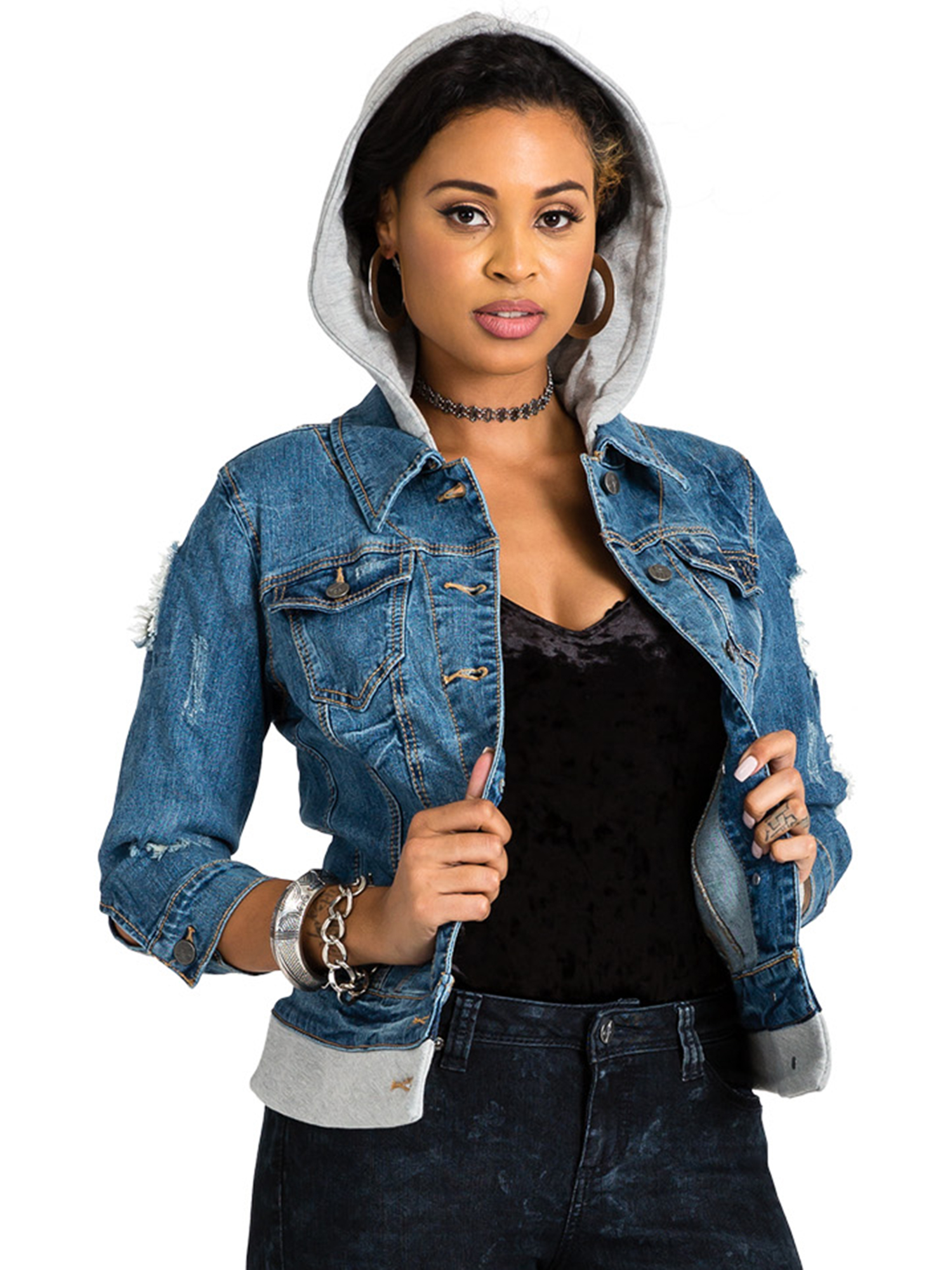 stretch hooded denim jacket