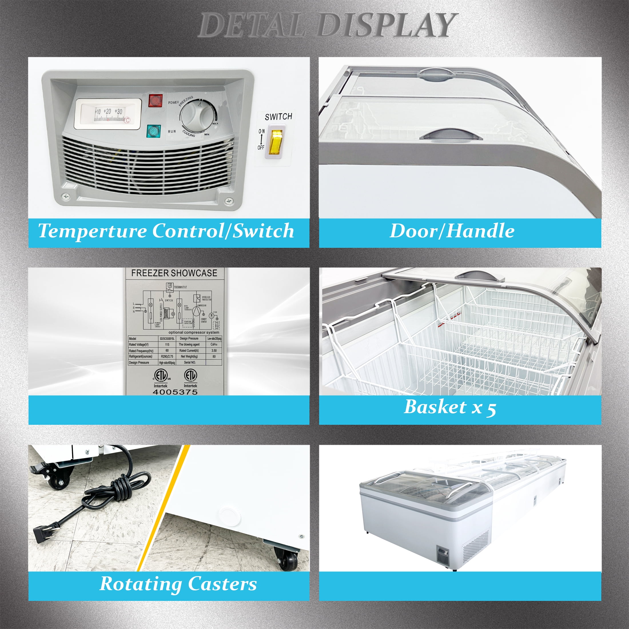 58" Commercial Chest Freezer with Curved Glass Sliding Doors, NSF Supermarket Display Freezer, LED Lighting, Grocery Island Freezer, Cooler Depot