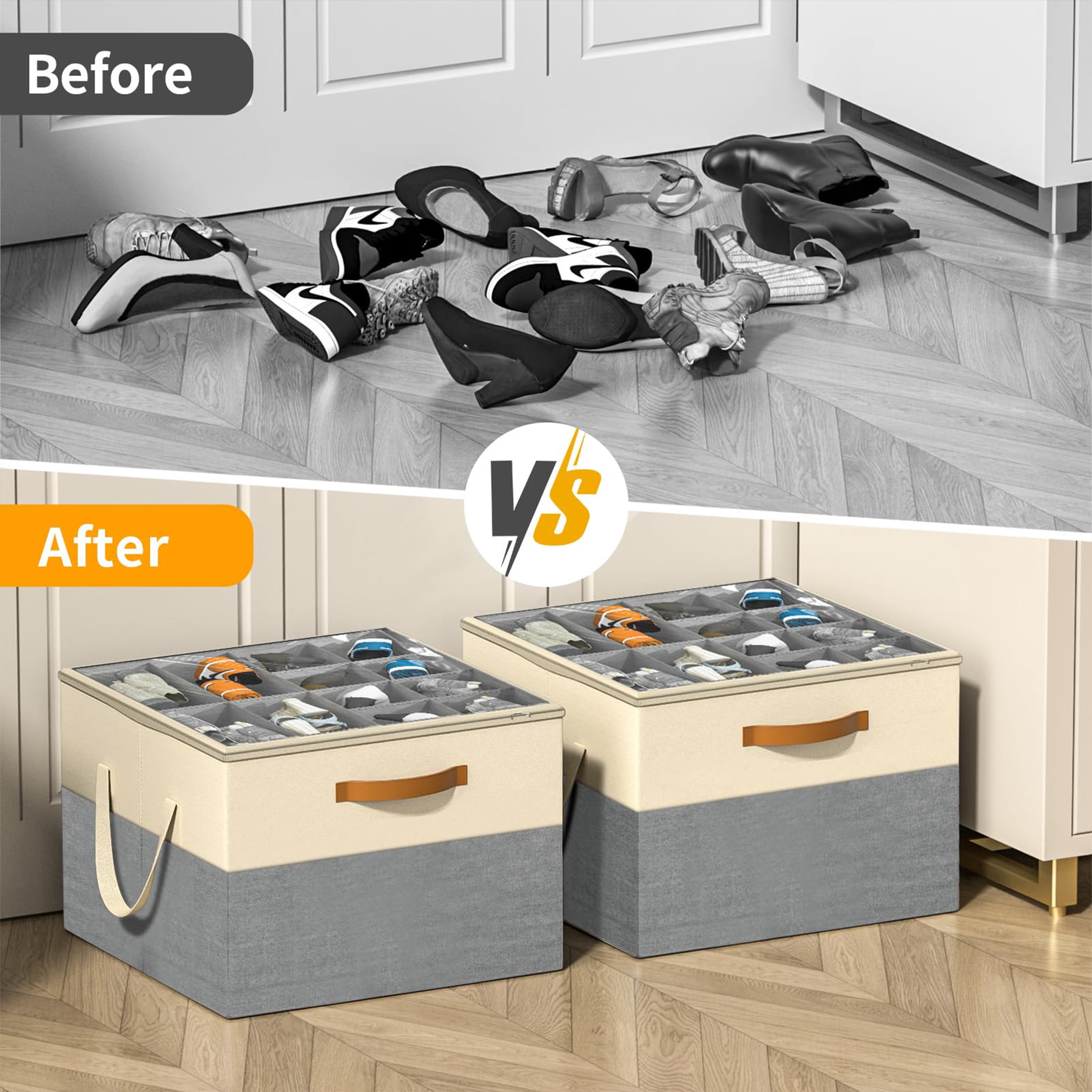 Aokeyee Shoe Storage for Closet, 2 Pack Shoe Box Organizer Containers with Clear Cover and Reinforced Handles, Fits 16-32 Pairs, Beige and Grey