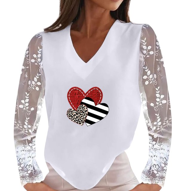 Pompotops Blouse Décontractée en Dentelle à Manches Longues Patchwork Col en V Imprimé Cœur