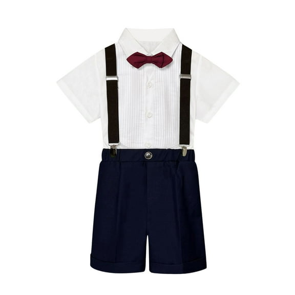 FAOWME Kids Boys Summer British Style Short Sleeved Shirt Spaghetti Shorts Bow Tie 4PC Children Performance Suit Navy 7-8 Years