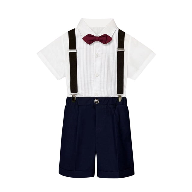 Tenue Garçon Tout-Petit Été Style Britannique Chemise à Manches Courtes Bretelles Shorts Nœud Papillon Ensemble 4 Pcs Performance Jeu de Rôle Ensembles Ensemble Garçon Taille 4-5T