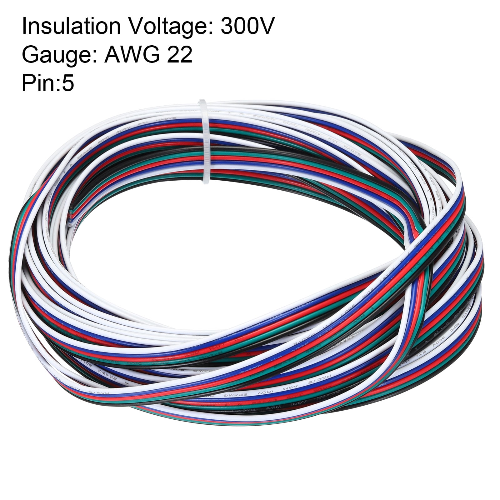 Uxcell 22 Gauge 5 Conductor Electrical Wire Tinned Copper Cable 25FT Stranded Wire for LED Strips Lamps Residential Wiring