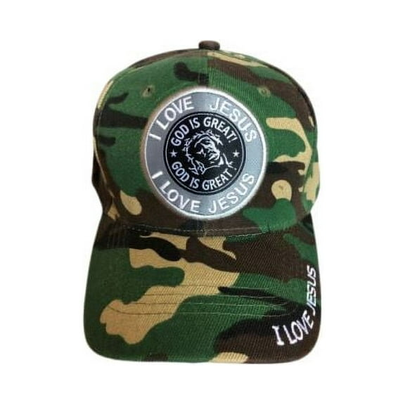 I Love Jesus Embroidered Christian Baseball Caps - Green Camo Color Uni-Sex Style  -- FREE USA Shipping--(CCap404C)