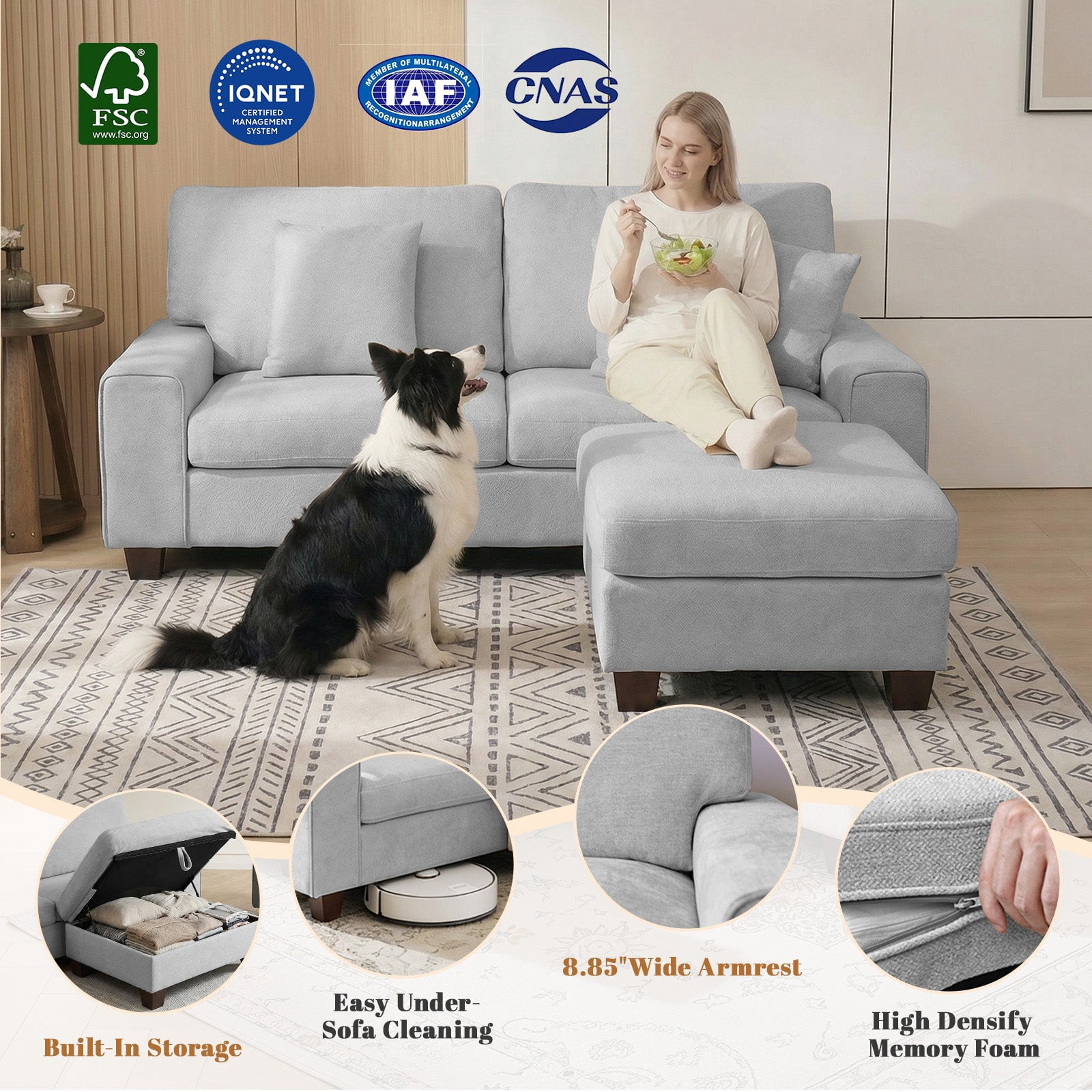 Poshby 88.58''W Sectional Sofa 3 Seater Couch with Chenille, Modern Square Arm for Living Room, Light Gray