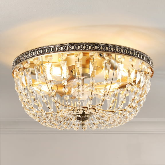 Round Crystal Ceiling Fan Light with Golden Metal Frame Openwork Patterns & Hanging Crystal Pendants Warm Golden Light for Dining Room