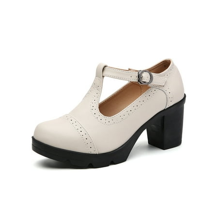 

GENILU Women Lightweight Mary Jane Heels Ankle Strap Oxford Pumps Casual Round Toe Dress Pump Shoes Beige 9