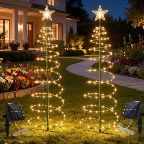 Rirool Solar Christmas Tree Lights Outdoor 2 Pack, Warm White LED Spiral Pathway Lights Waterproof Auto On/Off Holiday Garden Decor for Yard Lawn Walkway