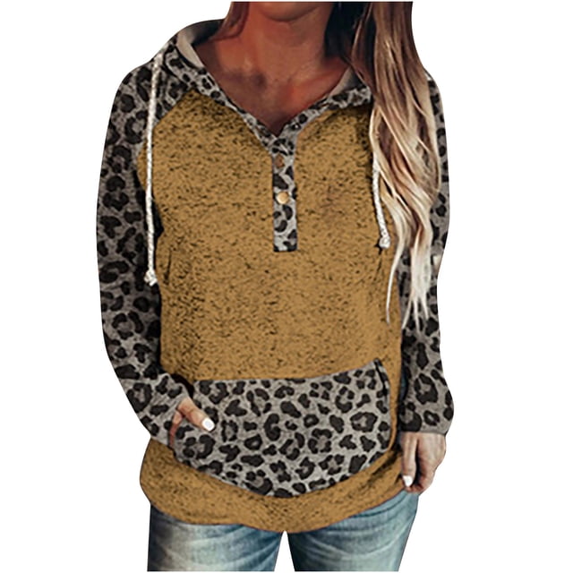 Blusa de manga larga con cuello en V para mujer a la moda con estampado de botones y bolsillo con capucha Fridja ghj987+2690