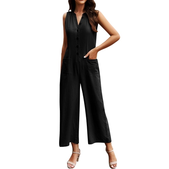 GILIGEGE Women Wide Leg One Piece Jumpsuit Sleeveless Loose Baggy Dressy Button Down Romper Casual Summer Outfits with Pocket Linen Overalls for Women Loose Baggy Romper Summer Outfits with Pocket